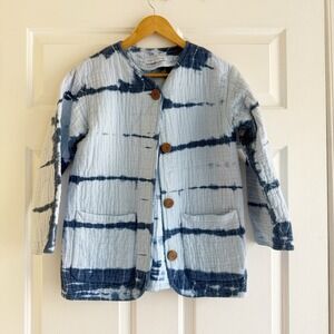 Emerson Fry India Collection Sz S Blue Tie Dye Quilted Jacket Organic Boho Artsy